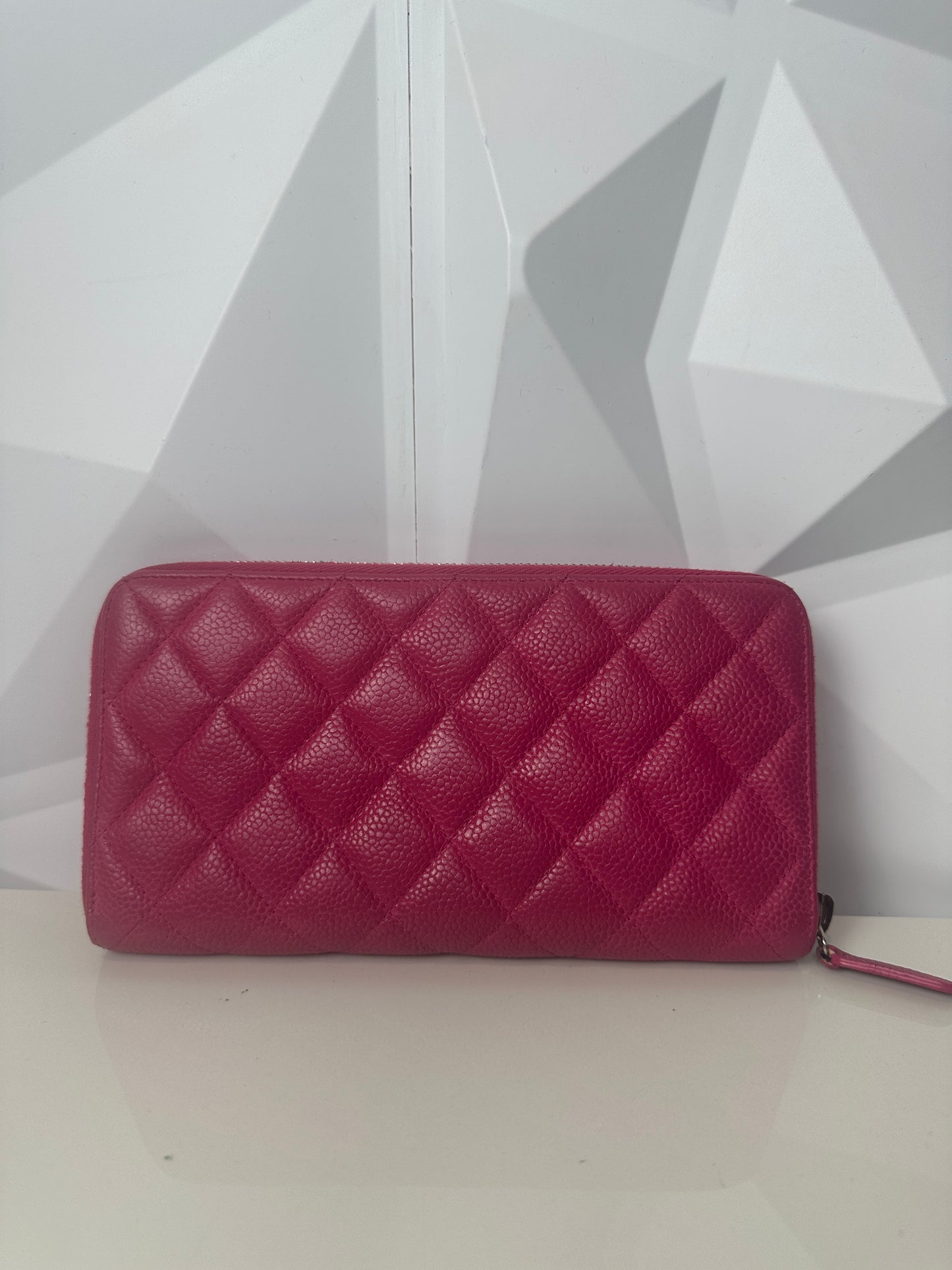 Pre-owned CHANEL Caviar Medium Zip Around Wallet Pink with box
