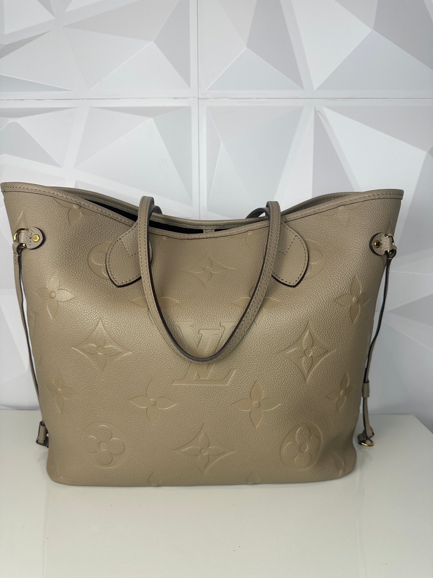 Pre owned LOUIS VUITTON Neverfull MM Monogram Empreinte Tote Bag Beige with Pouch
