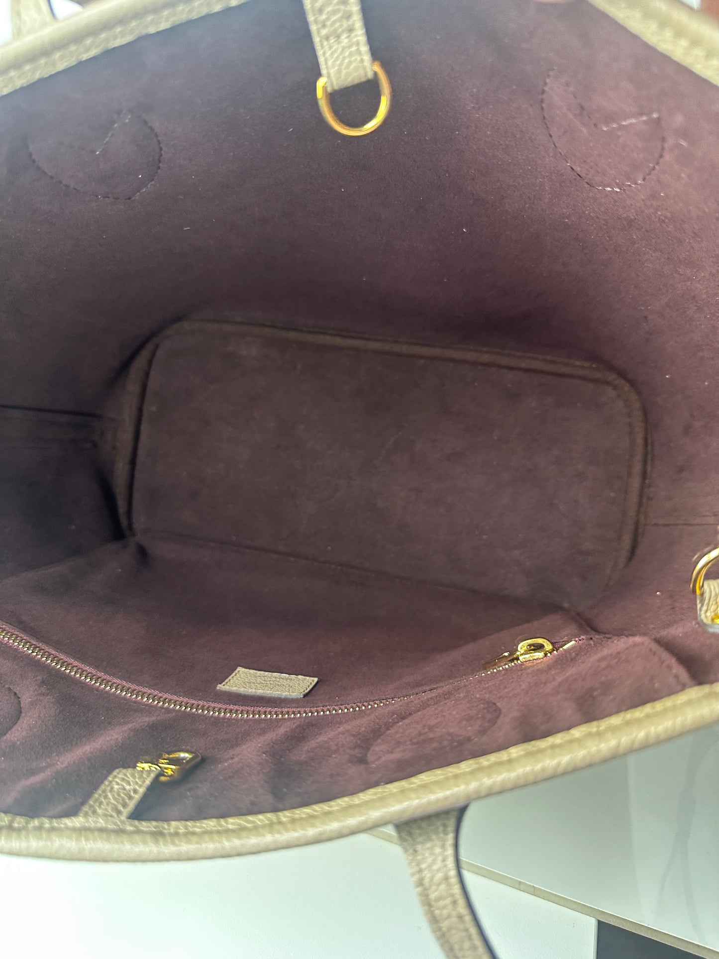 Pre owned LOUIS VUITTON Neverfull MM Monogram Empreinte Tote Bag Beige with Pouch