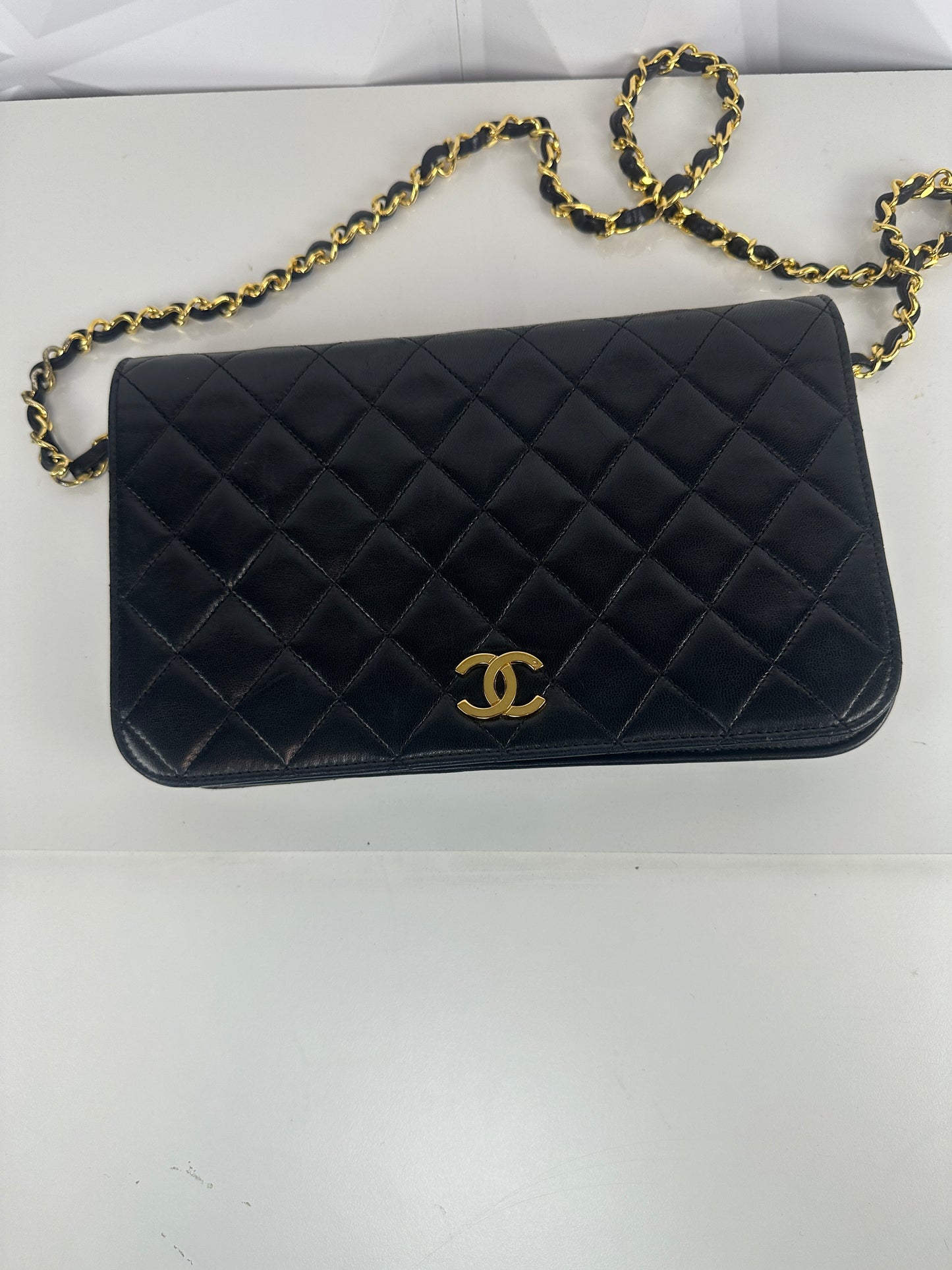 Pre owned CHANEL Lambskin Matelasse 24 Full Flap S chain Push Lock in black