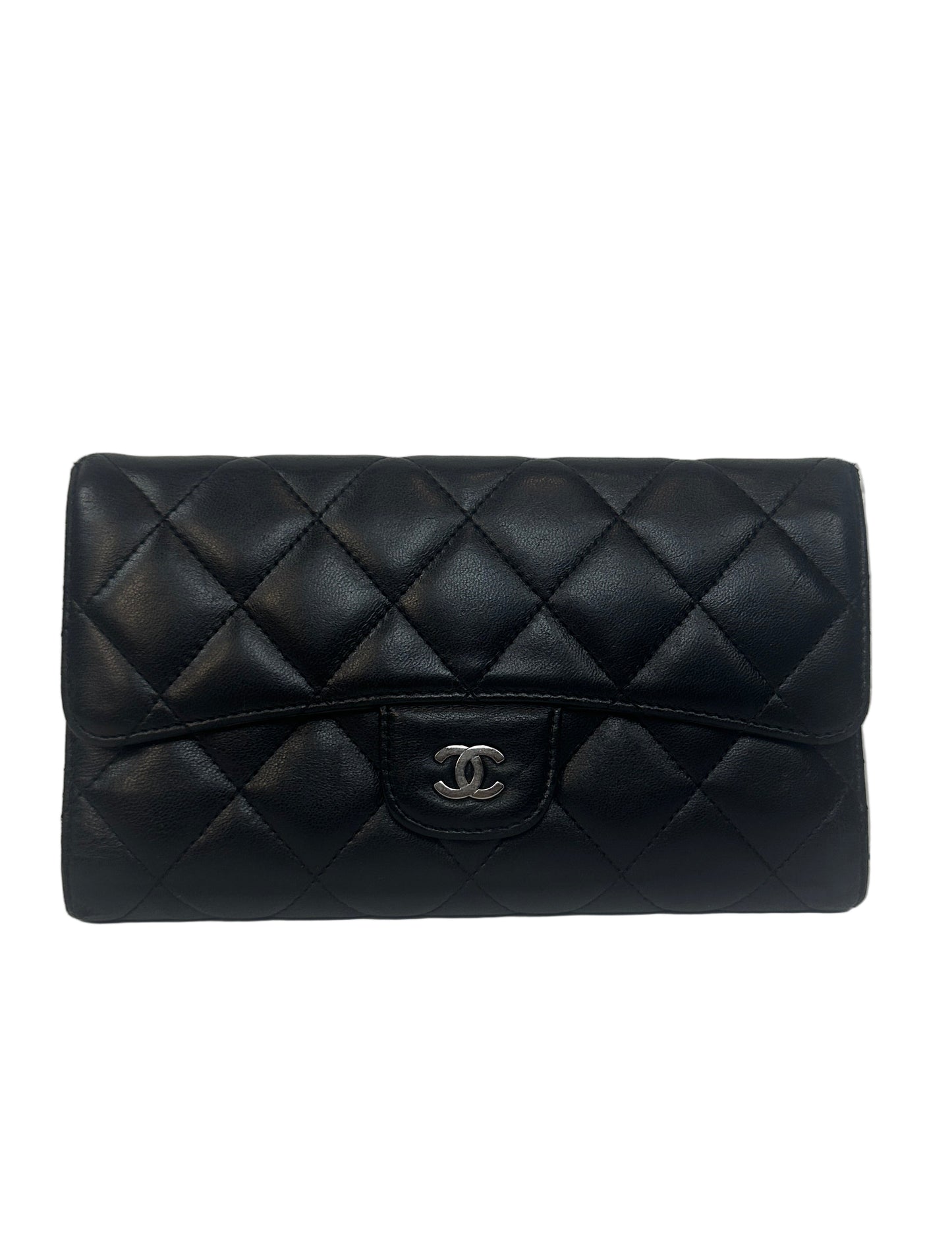Pre-owned CHANEL Lambskin Matelasse Bi-fold Long Black Wallet