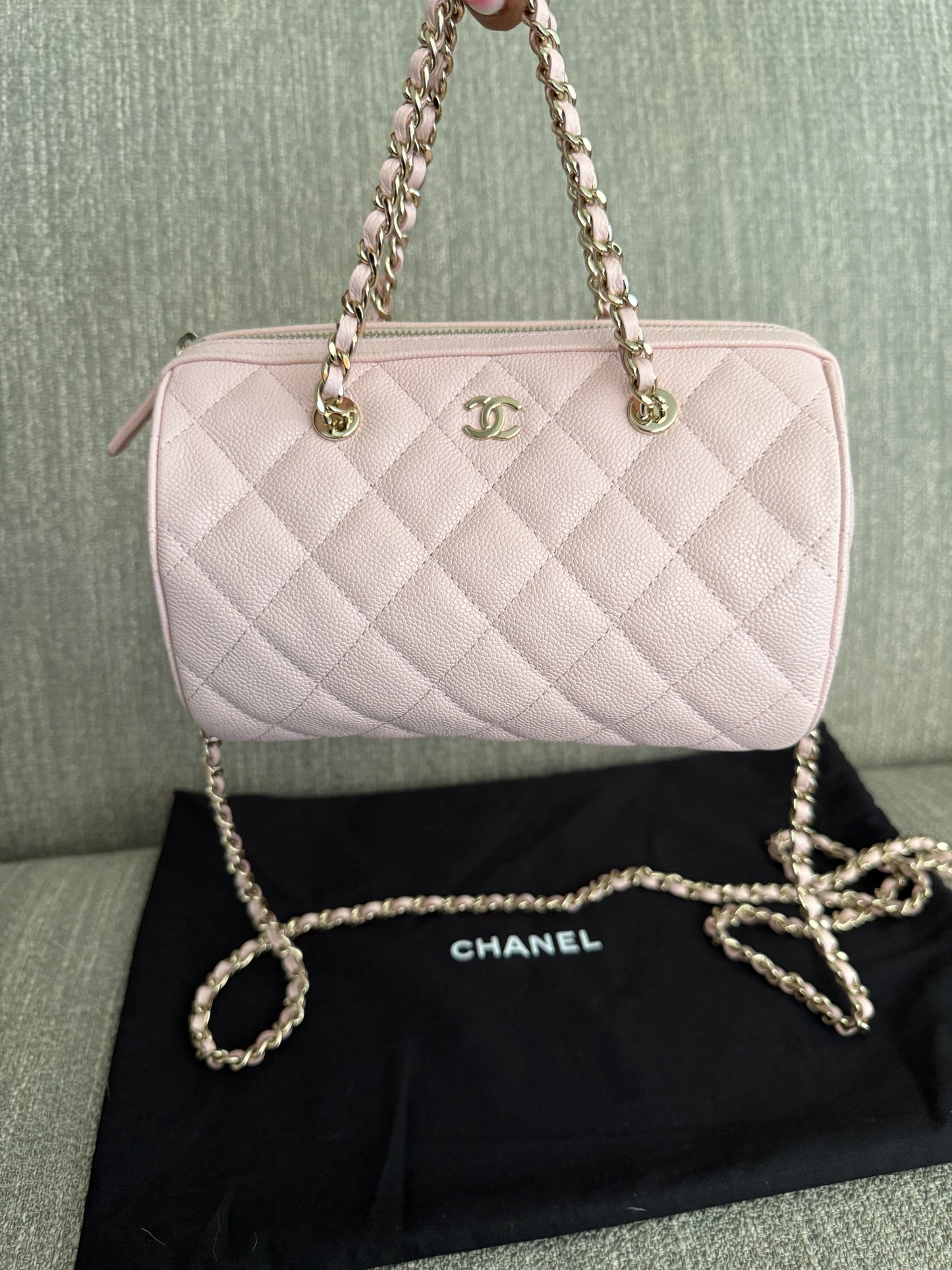 Pre-owned CHANEL bowling bag caviar leather champagne hardware
