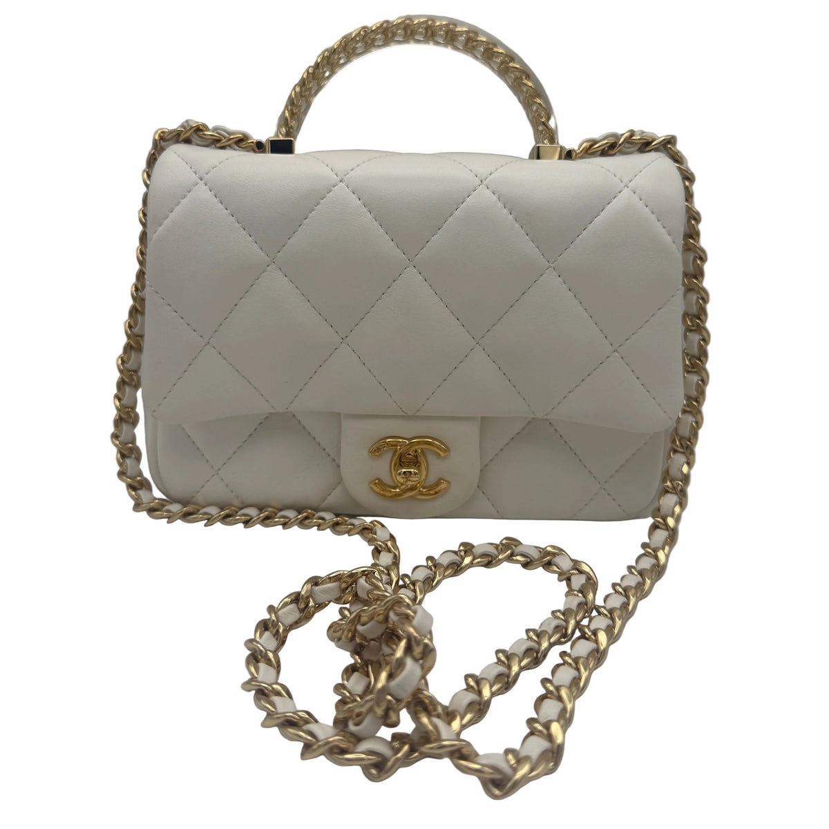 Pre-owned CHANEL Top Handle Flap White Lambskin Gold Hardware