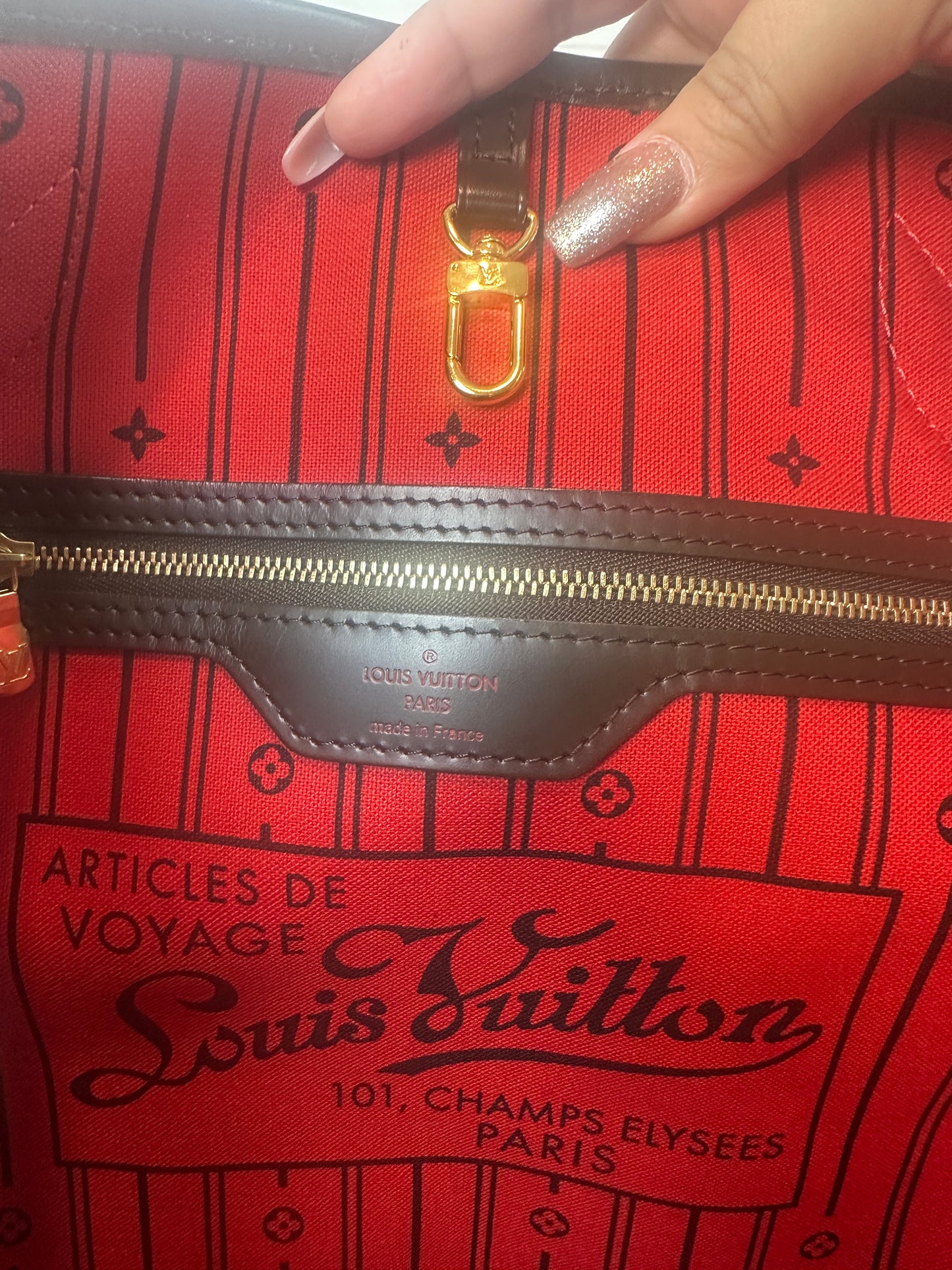 Pre-owned LOUIS VUITTON Neverfull MM in Damier Ebene canvas with red interior_213