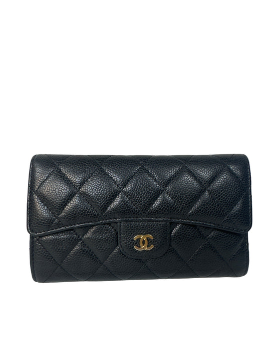 Pre-owned CHANEL Caviar Skin Long Wallet with Coco Mark in Black